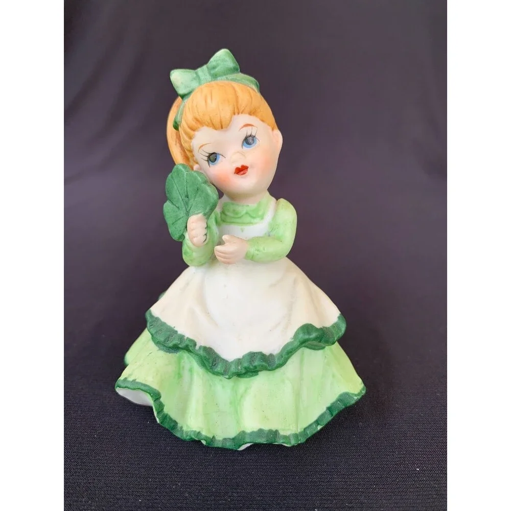 Vintage Lefton St Patrick's Day Ceramic Porcelain Girl Figurine Shamrock Clover